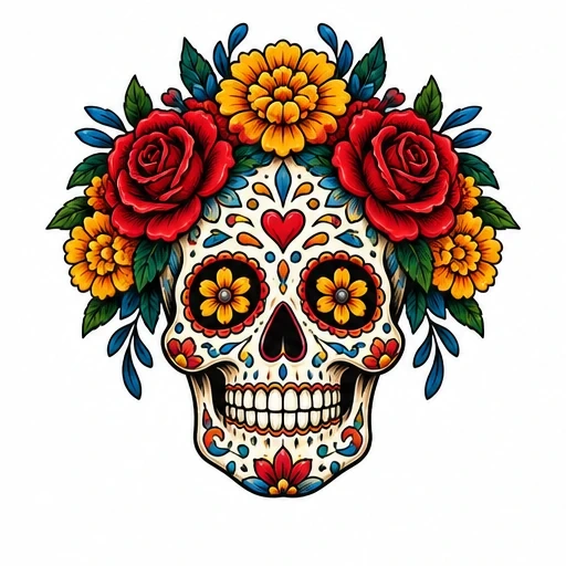 Brightly colored sugar skull with red roses, yellow marigolds, blue and red floral patterns, and heart motifs