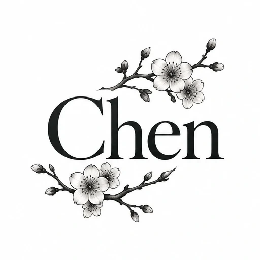 Tattoo design of the last name Chen with cherry blossom branches above and below in black ink.