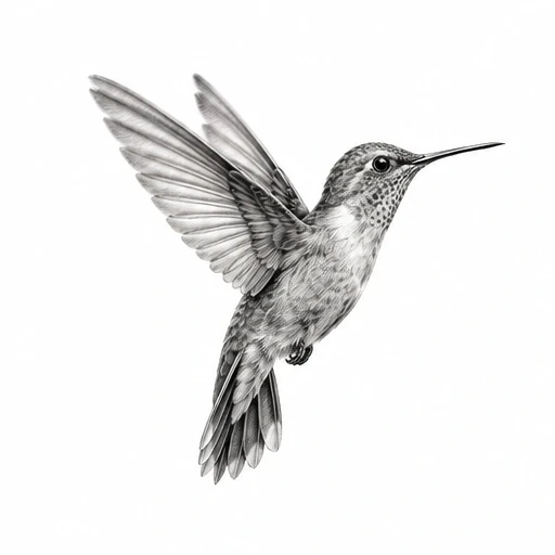 Black and grey micro realism tattoo of a hummingbird flying with detailed feathers and shading.