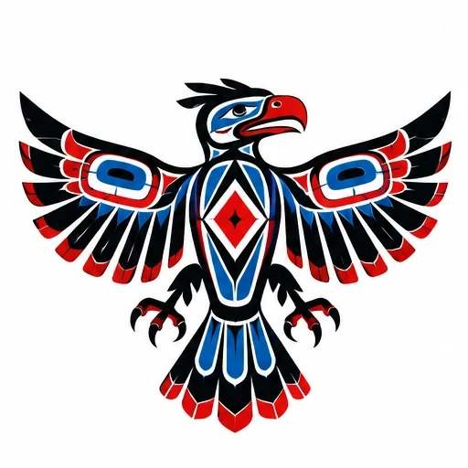 Symmetrical Thunderbird with red, blue, and black geometric feather details and a bold red beak