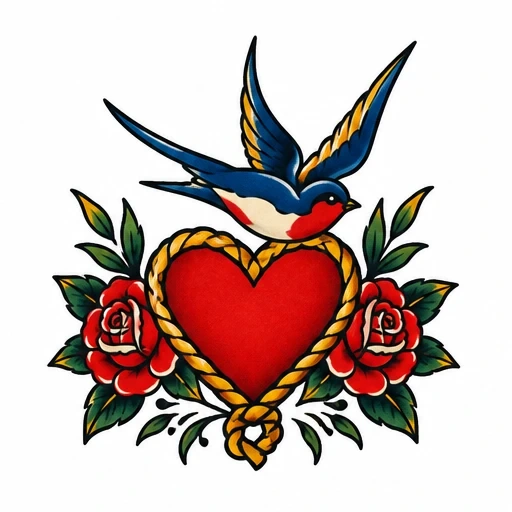 Traditional tattoo style swallow flying over a red heart wrapped in golden rope with red roses and green leaves on either side