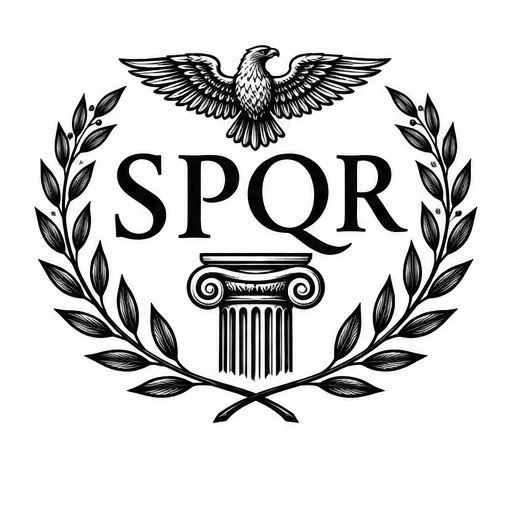SPQR tattoo design with laurel wreath, eagle above, and Corinthian column below in black ink.