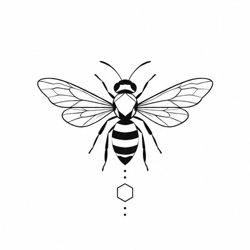 Minimalist black line bee with detailed wings and striped body, a small hexagon and dots below