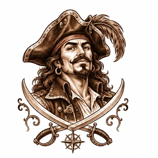 Sepia pirate captain with feathered hat and crossed sabers with compass rose below