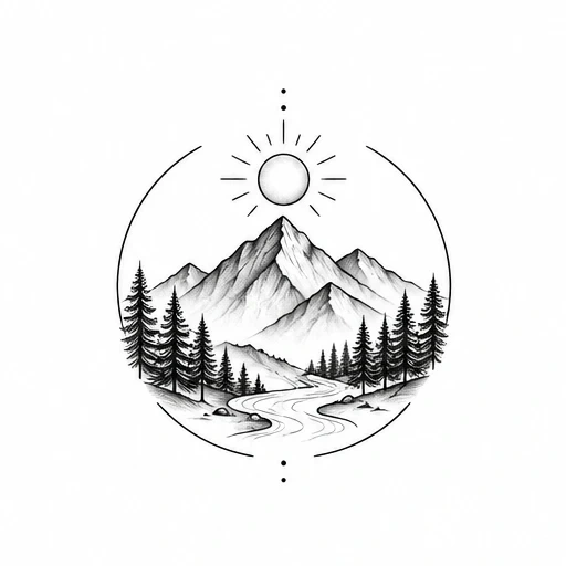 Fine line tattoo of mountains, pine trees, river, and sun in a partial circle frame.
