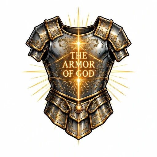 Detailed medieval chest armor with golden engravings and glowing text 'THE ARMOR OF GOD' shining from the center