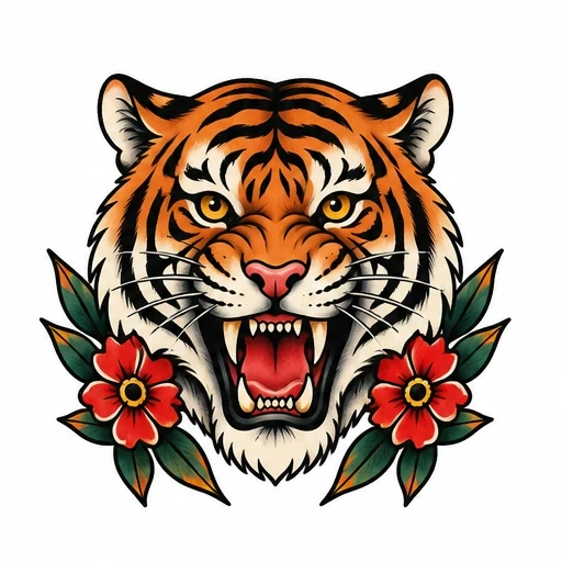 Roaring tiger head with orange and black stripes, open mouth, flanked by two red flowers with green leaves.