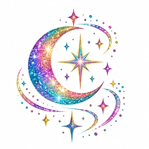 Glittery crescent moon and multiple sparkling stars in rainbow colors with gold accents