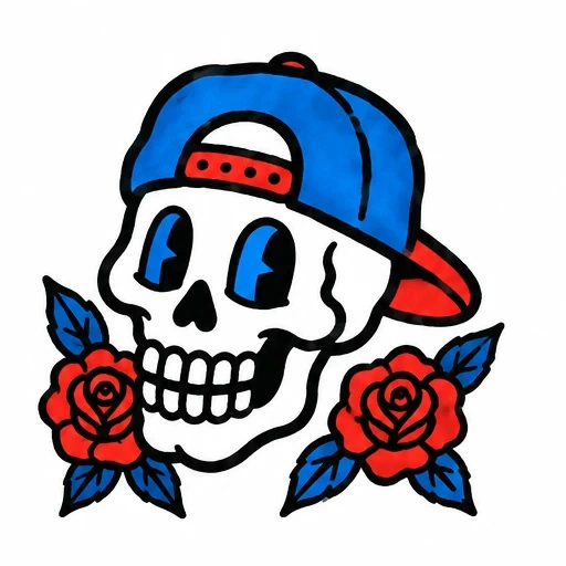 Cartoon skull wearing backward blue and red cap with red roses and blue leaves on each side