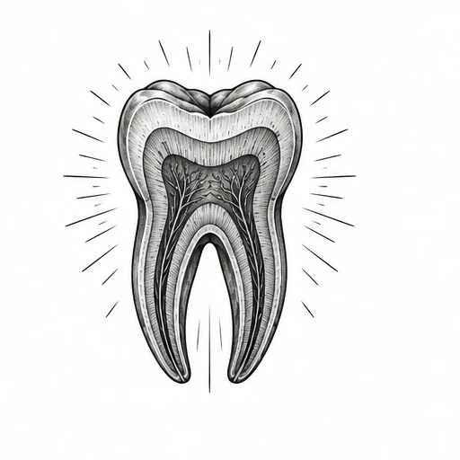 Black and gray cross-section drawing of a tooth revealing layers and roots with radiating lines