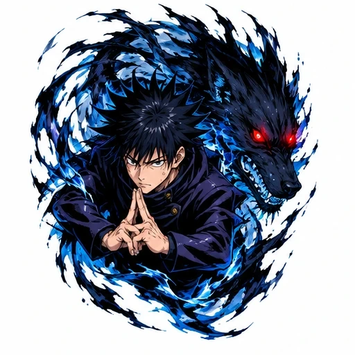 Anime character with dark hair and intense expression, hands forming finger seal, shadowy wolf with glowing red eyes behind, surrounded by blue flame energy.