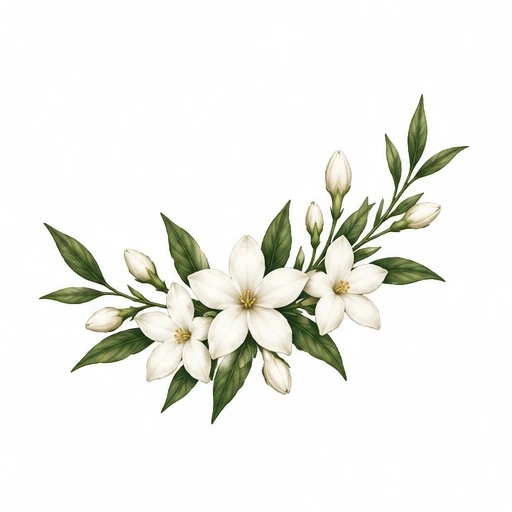 White jasmine flowers with buds and green leaves arranged in a balanced bouquet tattoo design.