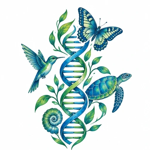 DNA strand with hummingbird, butterfly, turtle, shell, and green leaves.