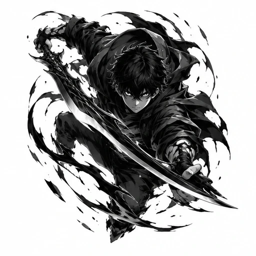 Black and white illustration of a young warrior lunging forward with a curved sword surrounded by swirling black ink effects