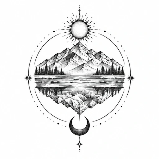 Black line tattoo of mirrored mountain landscape with sun above and crescent moon below inside circular compass frame