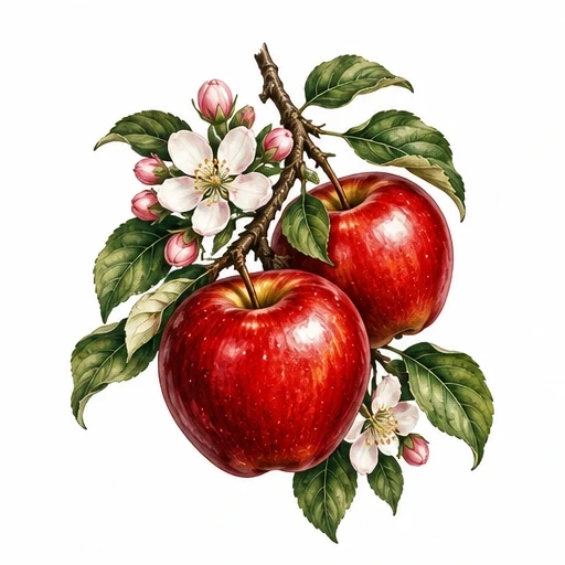 Two shiny red apples with pink and white apple blossoms and green leaves on a branch
