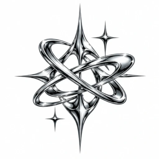 Tattoo design of interlaced shiny chrome rings with sharp elongated diamond and star shapes