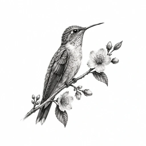 Black and grey micro realism tattoo of a hummingbird perched on a flowering branch with fine details and shading