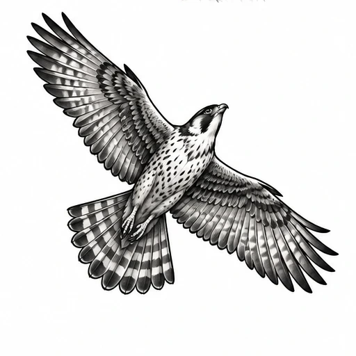 Black and grey falcon tattoo design with spread wings in flight