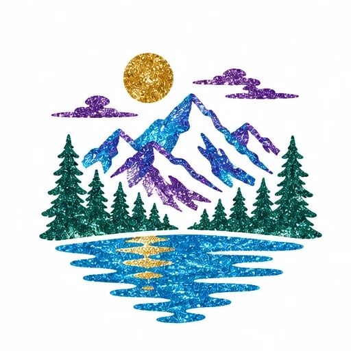 Glitter tattoo of blue and purple mountains with green pine trees, golden sun, purple clouds, and reflective lake.