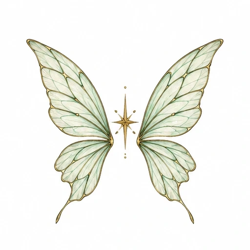 Pair of delicate pale green fairy wings with golden outlines and a central golden star between them