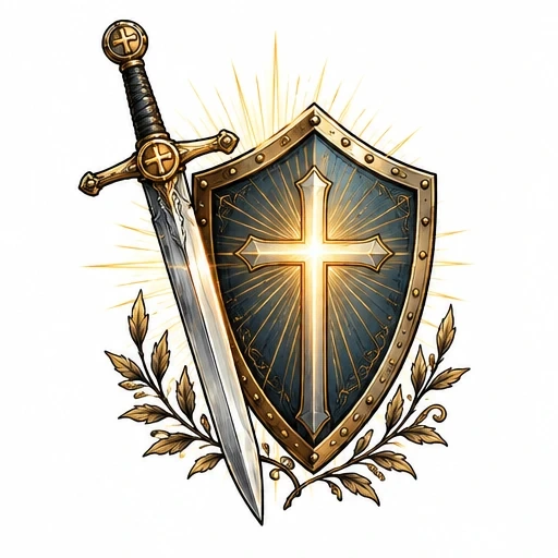 Sword and shield tattoo design with glowing cross and golden leaves