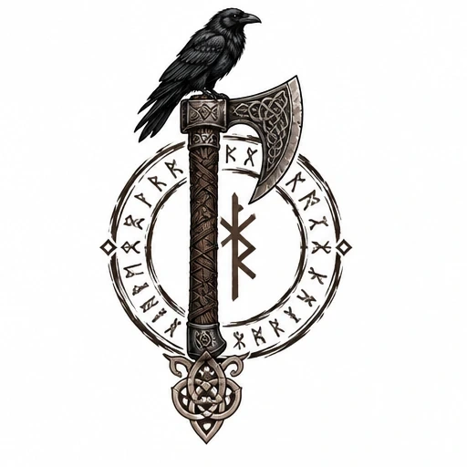 Black raven perched on Viking axe with Celtic knot details and Norse runes encircling the axe.