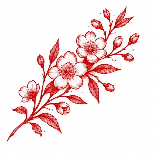 Red ink floral tattoo design with blooming flowers, buds, and leaves drawn in fine detailed linework