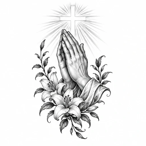 Black and gray tattoo design of praying hands with lilies and a glowing cross above them