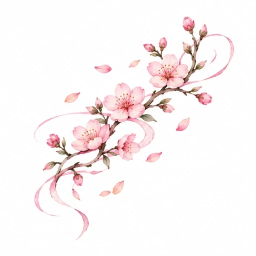 Watercolor cherry blossom branch with pink flowers and petals floating around, accented by flowing ribbons.