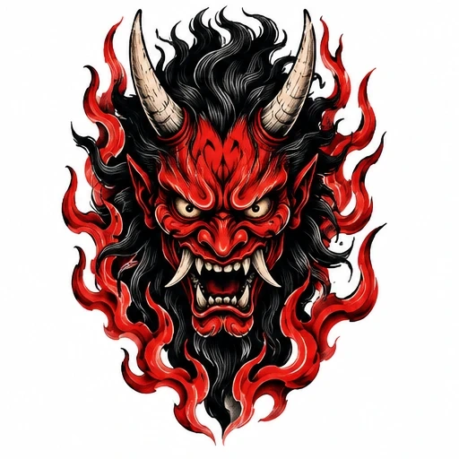 Red Japanese oni demon mask with horns, sharp teeth, black hair flowing into red flames.