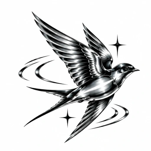 Chrome-style swallow tattoo design with reflective metallic shading and star accents