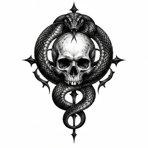 Black and gray tattoo design of a snake coiled around a human skull with a Gothic cross background