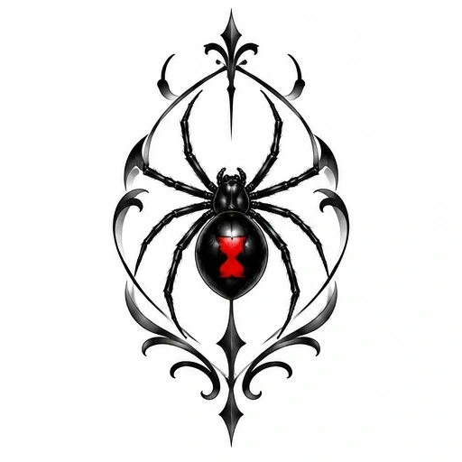 Black widow spider with red hourglass and ornamental black gothic framing.