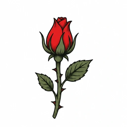 Tattoo artwork of a red rosebud with green thorny stem and two green leaves on white background