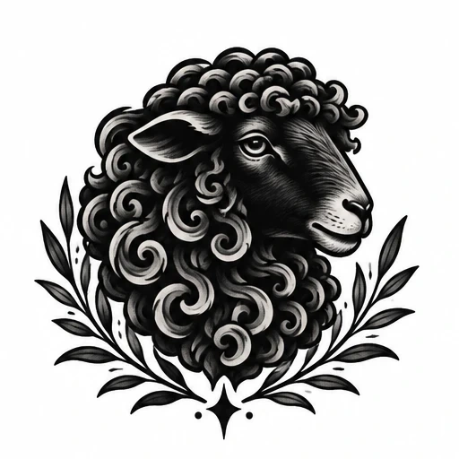 Black sheep head tattoo design with curly wool and leaf embellishments