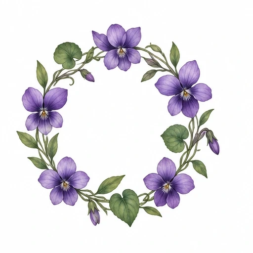 Circular wreath of violet flowers with green leaves and stems