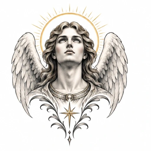 Detailed illustration of a male archangel with wings, golden halo, and star emblem