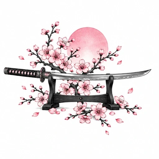 Katana sword on stand with pink cherry blossoms and large pink sun in background
