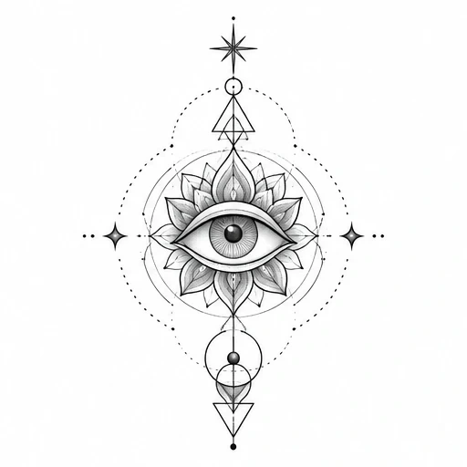 Black ink tattoo design of an eye in a mandala with triangles, circles, and star shapes in geometric alignment