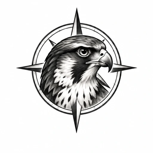 Black and white tattoo design of a falcon head centered within a compass rose.