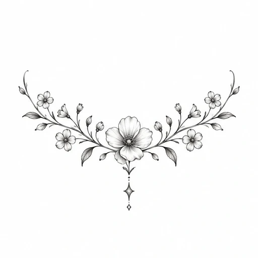 Black and gray floral tattoo design with symmetrical flowers and leaves, arranged in a gentle curve with fine shading and linework.