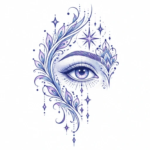 Purple eye tattoo with ornamental leaves, stars, and delicate dots