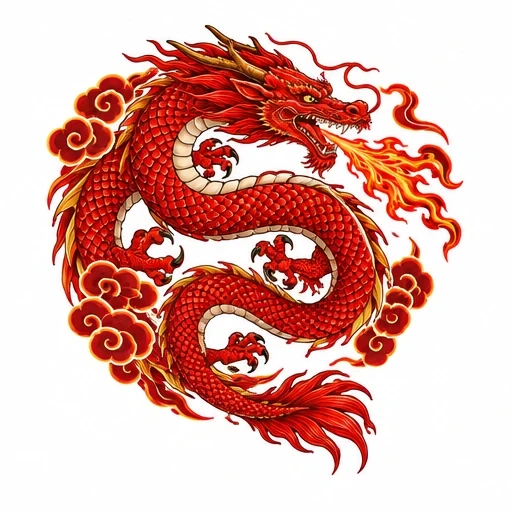 Red dragon coiled in circle breathing fire surrounded by red clouds
