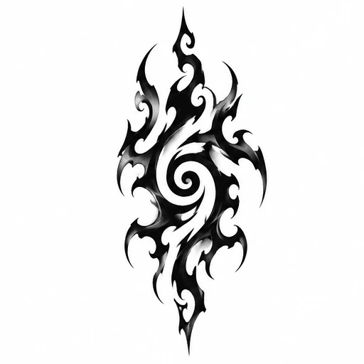 Black tribal tattoo with spiral center and flame-shaped extensions