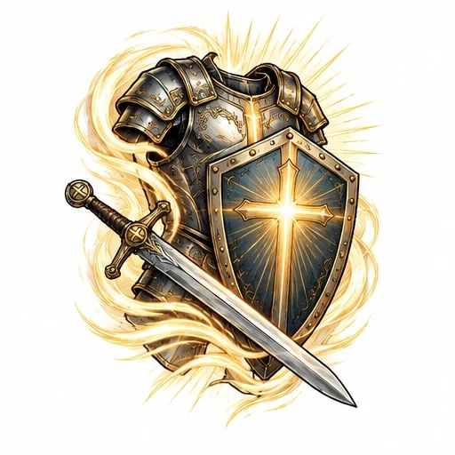 Armor of God tattoo design featuring a gleaming sword and shield with a glowing cross, surrounded by golden light.