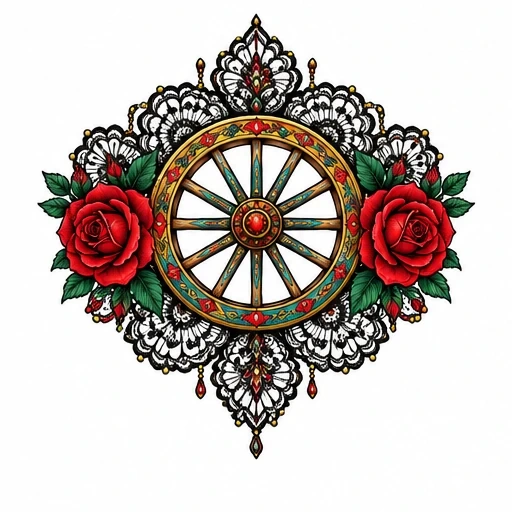 Tattoo design of a gypsy wheel surrounded by two red roses and black lace pattern