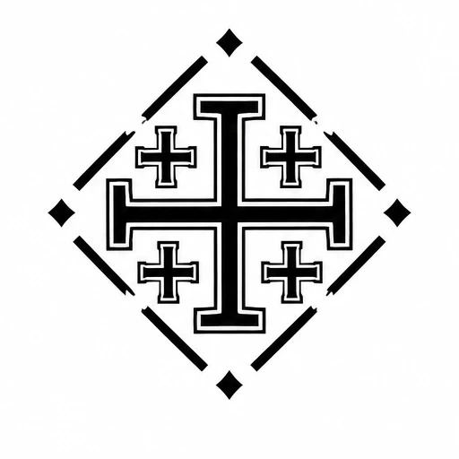 Black Jerusalem cross tattoo with four smaller crosses inside a diamond-shaped segmented frame