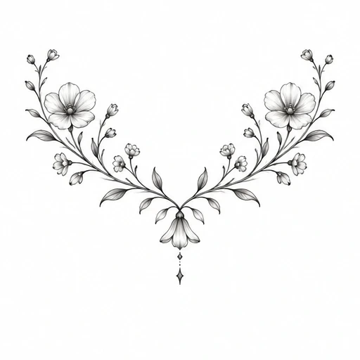 Symmetrical fine line black and gray floral vine tattoo with flowers, buds, and leaves forming a V shape