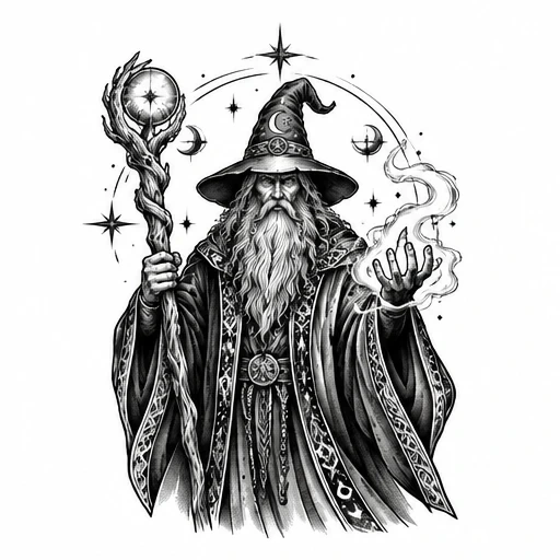 Black and white drawing of a wizard holding a gnarled staff and casting magical smoke.
